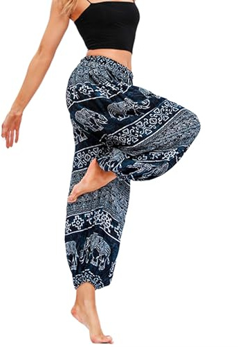 Camilife Damen Viskose Haremshose Ballonhose Goa Hose Aladinhose Yoga Hose Muckhose Freizeithose Pumphose Hohe Taille Elastischer Bund Weich Dünn Cool - Elefanten Schwarz