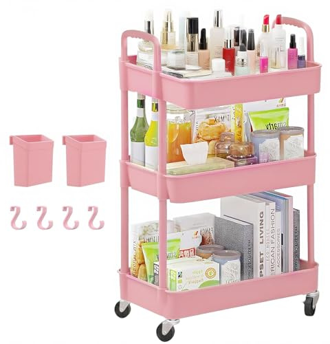 Houbobo Storage Trolley on Wheels, 3-Tier Rolling Cart, Plastic Utility Cart - Easy Assembly, Storage Organizer for Kitchen Office Bathroom Laundry Room (Pink)