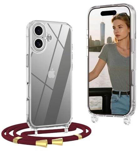 OLEPHY Handykette für iPhone 17 Hülle mit Band, WeinRot | Handyhülle mit Verstellbarem und Demontage Umhängeband, Transparent Stoßfeste Hülle zum Umhängen Kordel, (6,3 Zoll)