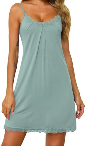 Lovasy Camicia da Notte Sexy Donna Corta Sottoveste in Pizzo Leggero Babydoll Taglie Forti Spalline Sottili Regolabili Pigiama Vestaglia Scollo a V Senza Maniche,A-Verde,M