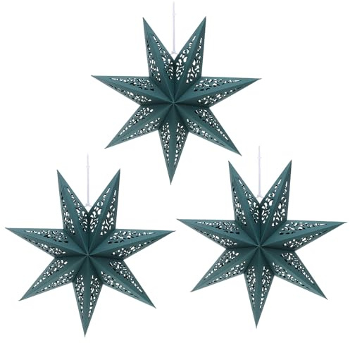 Angoily 3 Stück Weihnachts-Papierstern-Laternen: 7-zackiger Papierstern-Lampenschirm, hängende Dekoration für Weihnachtsbaum, Geburtstag, Grün