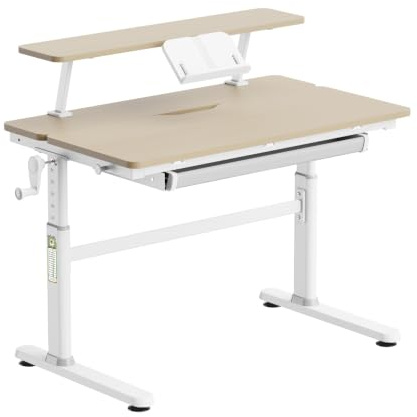 HOKO Kinderschreibtisch höhenverstellbar 100x60 cm mit Aufsatz & Buchstütze | 100x40 cm neigbare Tischplatte, 1 Schublade, 90x20 cm Ablage, Klemmmontage ohne Bohren, Holzoptik, LUKA & ALVO