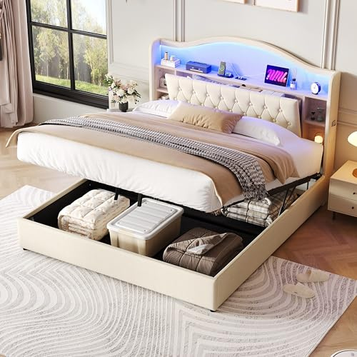 Miyemo King Size Bed Frame with Storage & Charging-Station, 5ft Upholstered Ottoman Bed with Hydraulic Lift & LED-Lighting, Concealed Headboard Storage, Linen, 150x200cm, Beige, (No Mattress)