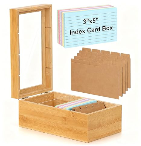 MIATTCLD 3x5 Index Card Organizer Box with Lid – Natural Wood Note Card Holder with Dividers, Holds 1200 Cards, 4 Compartments, Magnetic Closure – Desktop Storage for Study, Office, Recipes
