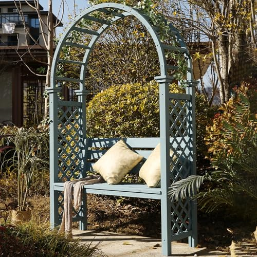 Banc de jardin extérieur en bois avec arches et supports de fleurs – Banc de repos élégant pour pelouse, porche, cour, allée – Siège décoratif bleu
