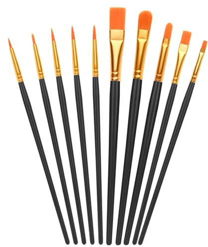 10 PCS Nylon Hair Paint Brushes Set - Flat Art Paintbrushes for Kids & Adults, Multi-Purpose Brushes for Face Nail Art, Watercolor Oil Acrylics, Decorations, Models & Figurines (Black)