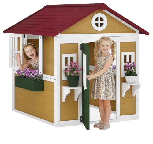 Outsunny Casita Infantil Exterior Interior de Madera Puerta Madera Natural | Ventanas, Jardineras y Soportes de Flores, Casa de Jardín, para Niños de 3-8 Años