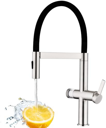 HOMELODY Wasserhahn Küche mit Filter, Hoher Bogen Küchenarmatur mit Ausziehbarer Brause, 360°Drehbar 2 Sprühfunktionen, Magnetrückstellung Mischbatterie Spültischarmatur Küchenarmaturen Chrom/Schwarz