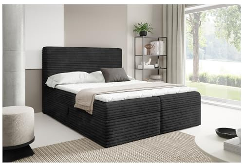MEBLINI Boxspringbett mit Bettkasten - 120x200 - H3/Schwarz Cordstoff - Talia - Gepolstert Doppelbett mit Matratze und Topper - Polsterbett mit Stauraum - Bett mit Kopfteil - Stauraumbett