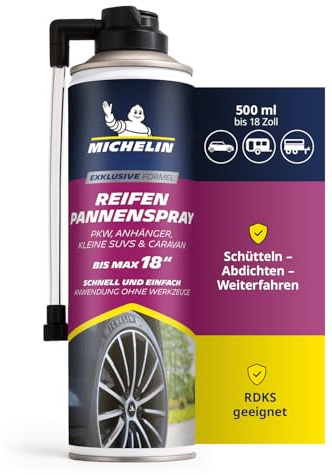 MICHELIN Reifenpannenspray 500ml RDKS kompatibel bis 18 Zoll Reifen für PKW | Reifendichtmittel für PKW, Anhänger & kleine SUVs Reifen abdichten & befüllen ohne Werkzeug bis 18 Zoll Reifen
