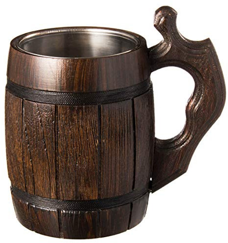 MyFancyCraftLUKRA - Taza de cerveza de madera de roble hecha a mano (0,6 litros, 20 onzas, acero inoxidable, color marrón