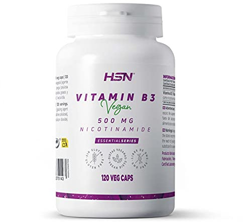 Vitamina B3 de HSN | 500 mg | Suministro 4 Meses | Fórmula de liberación inmediata de Nicotinamida | No produce Flush | No-GMO, Vegano, Sin Gluten, Sin Lactosa | 120 Cápsulas Vegetales
