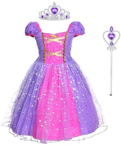 M MUNCASO Rapunzel-Kleid Prinzessinnenkleid mit Krone und Zauberstab, Mädchen, Cosplay-Kostüm, Kinder, geblümte, geschwollene Kleider für Sommer, Festzug, Verkleidung, Party, Outfits, Halloween