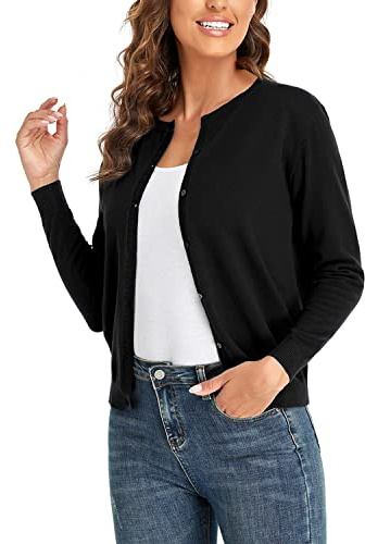 CUNYI Cardigan de Punto para Mujer Rebeca Cuello Redondo Clásico Manga Larga Chaqueta de Mujer con Botones Abrigo Elegante, Negro L