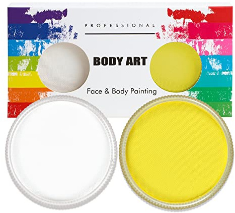 Profi-Schminke Fasching Set, Wasservermalbar 30g x 2 Colors Größere Schminkfarben, Faschingsschminke für Halloween, Fasching oder Verkleidungsparty, Weiß + Gelb