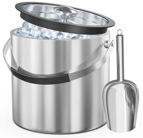 Secchiello Ghiaccio 3.2L Acciaio Inox a Doppia Parete Isolante, Secchiello Ghiaccio Vino Inclusa Coperchio, Pala, Porta Ghiaccio Cestello Ghiaccio Portaghiaccio per Feste ed Eventi