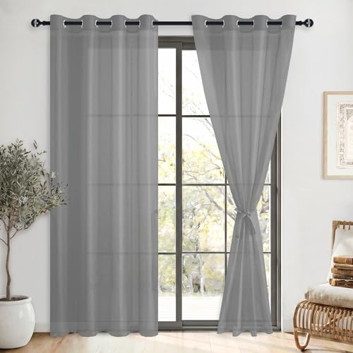 DWCN Dark Grey Sheer Curtains with Tiebacks Semi Transparent Voile Curtain | W56 x L81, Net Curtains for Windows Grommet Window Eyelet Curtain for Bedroom and Living Room, 2 Panels
