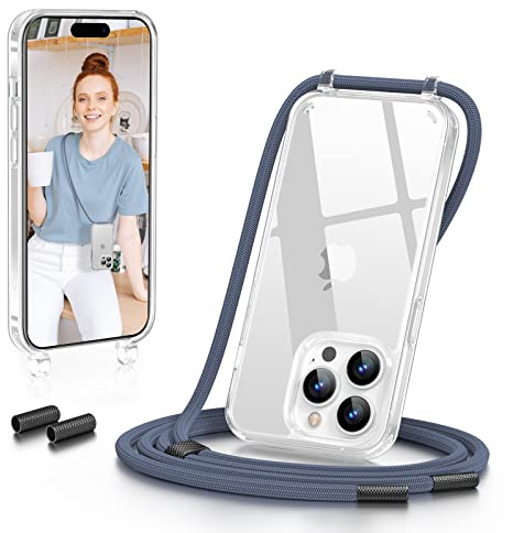 GOODVISH Handykette für iPhone 14 Pro Max Hülle mit Band, DunkelBlau | Kameraschutz und Bildschirmschutz, Necklace Handyhülle Schnur Schutzhülle für Umhängen Transparent Case mit Kordel 6.7