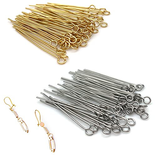 DHER Vergoldet Kopfstifte Kettelstifte DIY goldfarben Nietstifte 100 Stück T-förmige Nadel 0,6 mm Drahtdurchmesser Flachkopfnadel Silber/Gold Perlenfaden Titanstahl Schmucknadel (30mm)