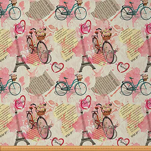 Paris Stoff Meterware Eiffelturm Polsterstoff Batikstoff Romantisches Blumenmuster Alte Zeitung Fahrrad Dekostoff Paar Stoff für Drinnen Draußen DIY Kunst Wasserdichter Stoff 184 x 150 (HxB)
