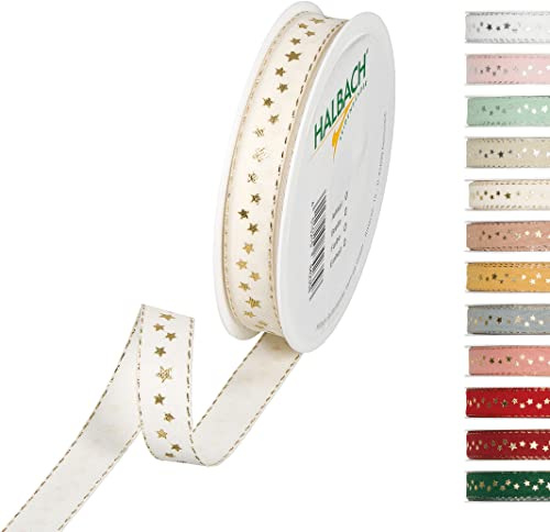 Halbach Weihnachtsband mit Sternen, 15 mm x 18 m, creme/gold | Waschbares Schleifenband in Baumwolloptik, Made in Germany, zum Verpacken und Dekorieren von Weihnachtsgeschenken