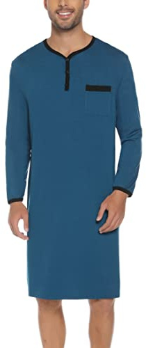 Yukiuiny Maglie Pigiama Uomo Maniche Lunghe Abbigliamento da Notte Cotone Camicie Lunghe per Dormire-A-Blu/3XL