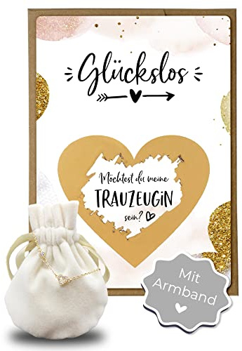 Joli Coon Trauzeugin fragen mit Rubbellos und goldenen Armband | 350g Designerpapier, fühlbare UV-Lack-Veredelung, 925 Sterling Silber, Zirkonia-Steinchen, für eine besondere Hochzeitsfrage
