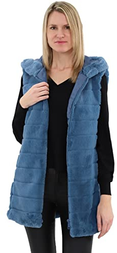 malito - Gilet da donna con cappuccio | gilet a costine in pelliccia sintetica | Gilet Teddy con cerniera CR-1958 (petrolio S), nero, S