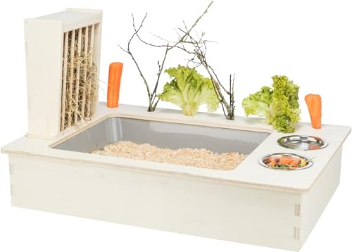 TRIXIE Futterstation mit Näpfen/Heuraufe, Holz, 70 × 41 × 47 cm