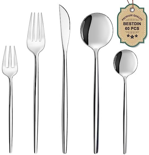 Bestdin Set di posate per 12 persone,60 pezzi in acciaio inox, con coltelli, forchette, cucchiai, lavabili in lavastoviglie