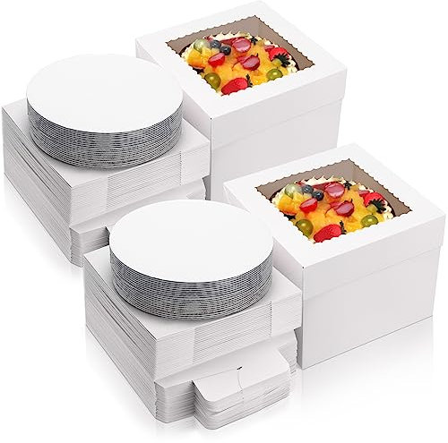 SATINIOR 40 Pcs 10x10x8 Inch Cake Boxes with Cake Boards Set (20 Boxes and 20 Boards) White Tall Bakery Boxes Disposable Cake Storage Container Baking Boxes with Window for Tier Cakes Pie Pastry