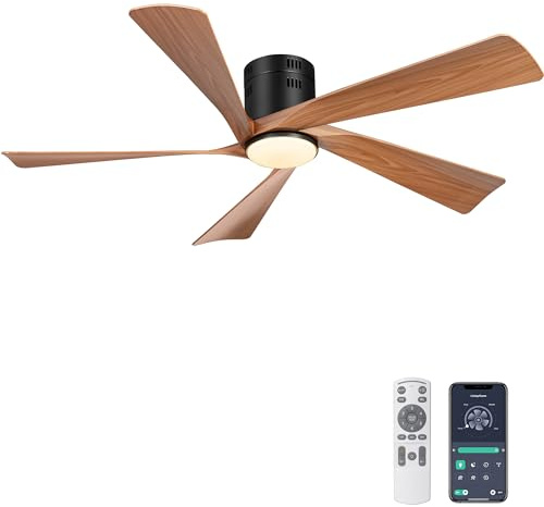 Ohniyou 52” Flush Mount Farmhouse Ceiling Fan with Lights, Remote & APP Control Low Profile Indoor Outdoor Ceiling Fans, Dimmable, Quiet DC Motor, Reversible, Black+Wood Color