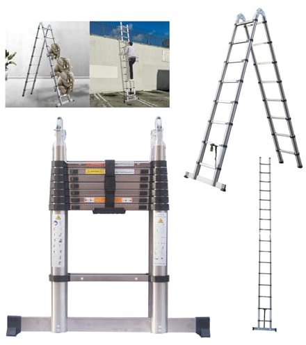 HSHa Telescopic Ladder 5M/16.5FT Telescopic Folding Ladder Stainless Steel Collapsible A Frame Ladder 2.5M+2.5M Extension Ladder with Support Bar for Draw Wall Replace Bulb Clean