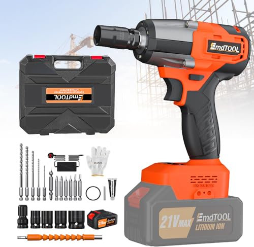 Cordless Impact Wrench 1/2 Inch Impact Gun 450Nm High Torque Brushless Wrench & Drill & Screwdriver Function 3-in-1 with Battery, Charger, 4 Sockets, 5 Drill Bits, 7 Screws & Storage Case - Orange
