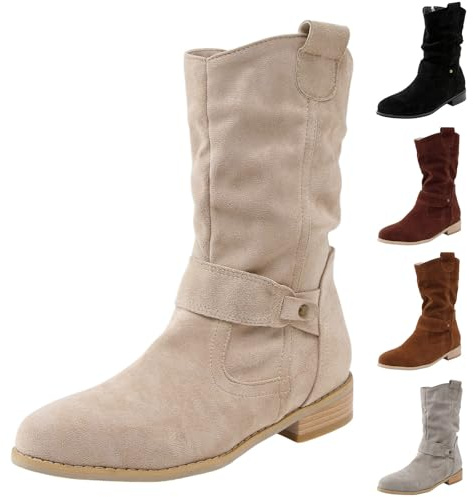 Générique Bottines Larges en Daim pour Femme Bout Pointu à Talon Bas Bottes mi-Mollet à Enfiler avec Boucle - Bottes de Marche Confortables et légères (Beige, 38)