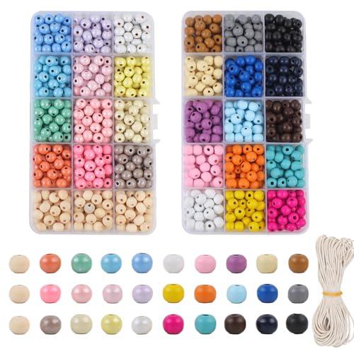 Hopton 960 Stück Holzperlen Bunt, 8mm Holzperlen zum Auffädeln mit Loch | Runde Pastel Holz perlen mit gewachstes Band, 12 Farben, für DIY Schmuckherstellung Armbänder Bastelarbeiten
