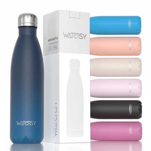 WATERSY Trinkflasche Edelstahl 500 ml, Thermosflasche Kinder，BPA-Frei Thermo Trinkflasche Kalt&Warm Auslaufsicher Metall，Wasserflasche Doppelwandig Sport Gym für Sprudel, Deux Blaue