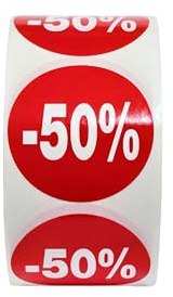 Pack de 5 rollos de etiquetas promocionales para productos rebajados | 2.500 pegatinas autoadhesivas de descuento en color rojo brillante | Pegatinas redondas para etiquetar ofertas de Ø 35 mm (-50%)