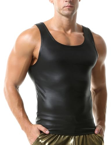 Chaleco sin Mangas de Piel Sintética para Hombres - Estilo Wet Look - Camiseta para Yoga y Fiestas