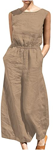 Generico Salopette Donna Estiva Casual in Lino Jumpsuit a Gamba Larga Cotone Elegante Tuta Intera Senza Manica Tutina Pantaloni Larghi con Tasche per Spiaggia Vacanza