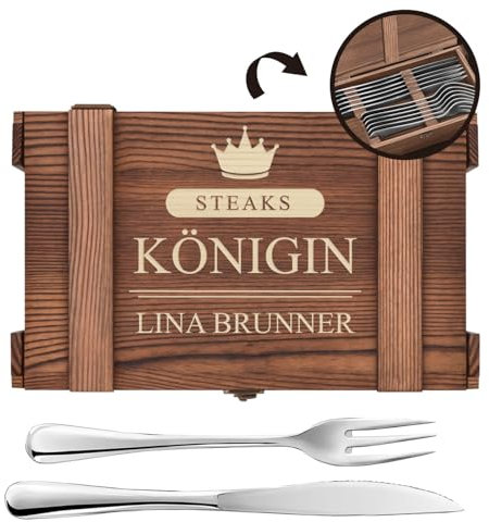 Maverton Couverts de Table à Steak - 6 Couteaux a Steak et 6 Fourchette a Viande dans un Coffret Cadeau Couple Personnalisé - Set De Table avec Boîte en Bois - Cadeau Personnalisé Femme