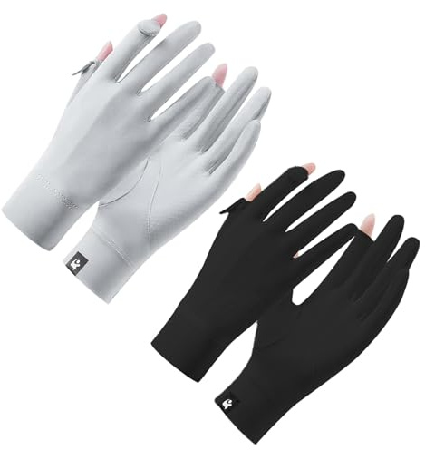Andiker 2 Pairs Sunblock Gloves Women, Non Slip UV Protection Driving Gloves Full Finger Touchscreen Wrist Length Glove for Summer Riding Fishing Golfing Outdoor Activities (grey, black)