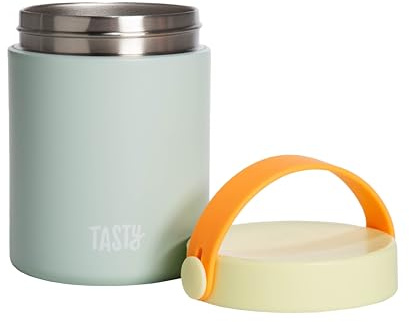 Tasty Food Jar with Folding Handle, Portable Snack Travel or Lunch Container, Stainless Steel Insulated Vacuum with Leak-Proof Lid, Keeps Food Hot or Cold for Hours, 15-Ounce, Aqua