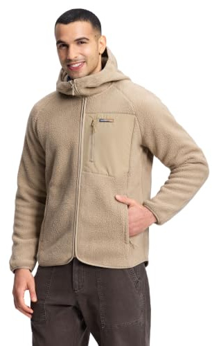 Pioneer Camp Fleecejacka herr med huva varm andas teddy jacka dragkedja fukttransporterande utomhusjackor med 5 fickor för utomhus vandring vandring vandring, kaki, L