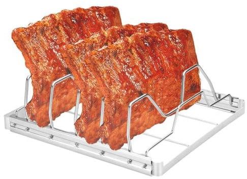 MiOYOOW Rippchenhalter, Edelstahl 4 Schlitze Faltbare Rib Holder, Leicht zu Reinigen & Antihaftbeschichtet für Zuhause, Grillen Im Freien, Picknick, Camping