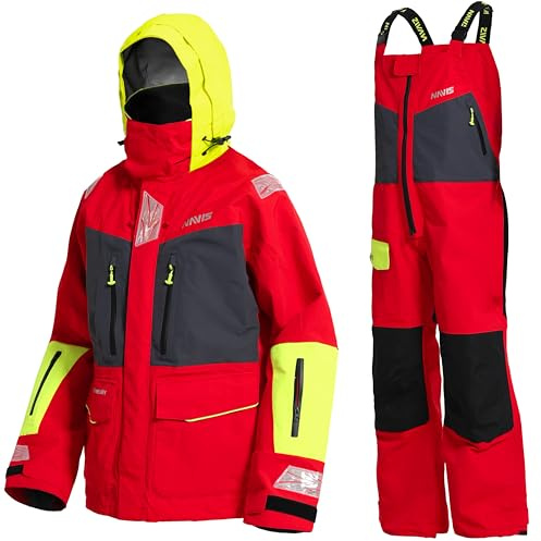 Navis Marine Herren Offshore Segelanzug 3-Lagen Wasserdicht Atmungsaktiv - Profi Segeljacke mit Neon-Kapuze & Reflektoren + Verstärkte Latzhose NS-547(Red, S)
