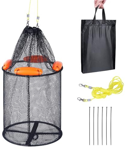 Großer Faltbarer Schwimmender Fischkorb für Lebende Fänge,Klappbarer Gummibeschichtetes Fischernetz Kajak-Köderaufbewahrungskäfig mit 5M Doppelhaken Nylonseil und 6 Kabelbindern