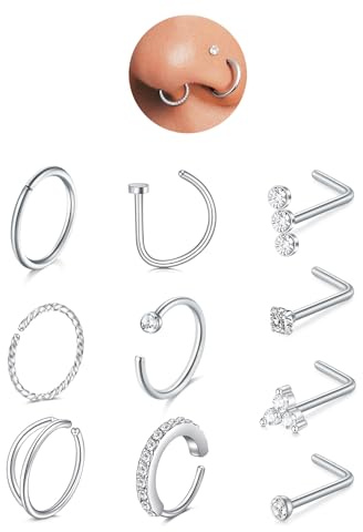AceFun Nose Ring Silver Nose Stud 10 Pieces 20G Nose piercing Stainless Steel Tragus Helix Rings Double Hoop for Women Men Small Septum Rings Studs Body Piercing Jewelry 2mm 2.5mm Clear CZ