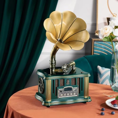 Giradischi in vinile a forma di grammofono con altoparlanti integrati, AUX-IN, USB, radio FM, stile vintage classico per gli appassionati di musica