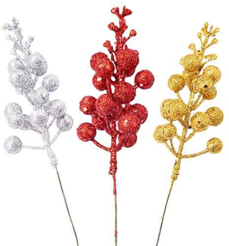 GWAWG - 24 rametti di bacche glitterate natalizie, bacche artificiali di frutta e bacche di agrifoglio per la decorazione dell'albero di Natale, fai da te, ornamento per la casa festiva, creazione di